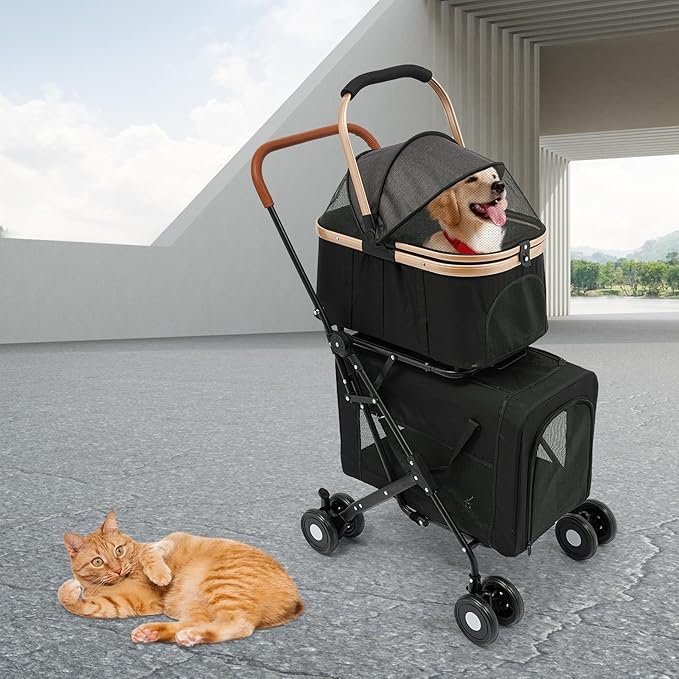 Double Pet Stroller for Dogs and Cats, Foldable Dog Stroller Travel Carriage with Detachable Carriers, Safety Belts, and 4 Lockable Wheels for Small to Medium Pets (Black)-PawvioPets