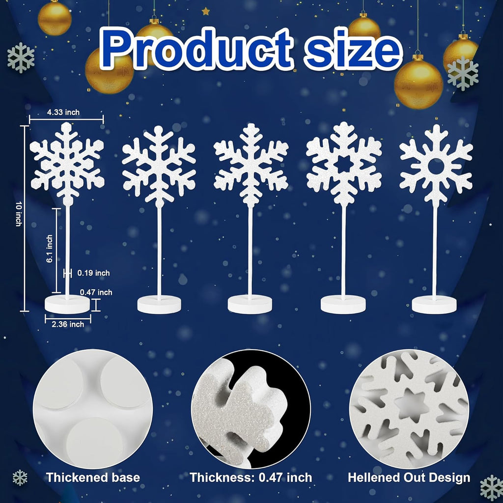 5 Pcs Wooden Christmas Snowflake Sign Winter White Glitter Snowflake Decorations Holiday Wonderland Snowflake Wood Stand Signs for Xmas Party Home Tabletop Tiered Tray Decor