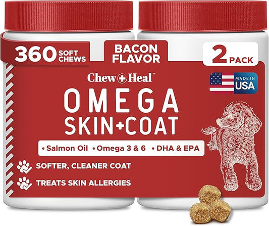 Best Itchy Skin Relief for Dogs -360 Soft Chew Omega Treats for Skin and Coat -Salmon Oil Blend of Fatty Acids, Omega 3, 6, Vitamins, Antioxidants -Made in USA (2 Packs of 180, Bacon Flavor)-PawvioPets