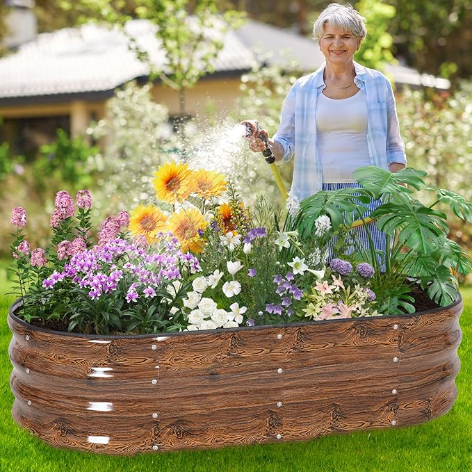 Galvanized Raised Garden Bed Outdoor - 4×2×1ft Planter Raised Beds for Gardening | Oval Metal Garden Planter Box with Safety Edging and Gloves for Vegetables Fruits and Flowers - Grain-PawvioPets