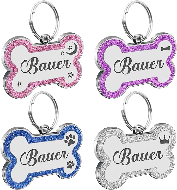 Dog Tags Personalized for Pets Dog Name Tags Personalized Dog Tag Engraved with Any Name & Text Custom Dog ID Tags Glitter Bone ID Tag for Puppy Cat (Purple L, Bone)-PawvioPets