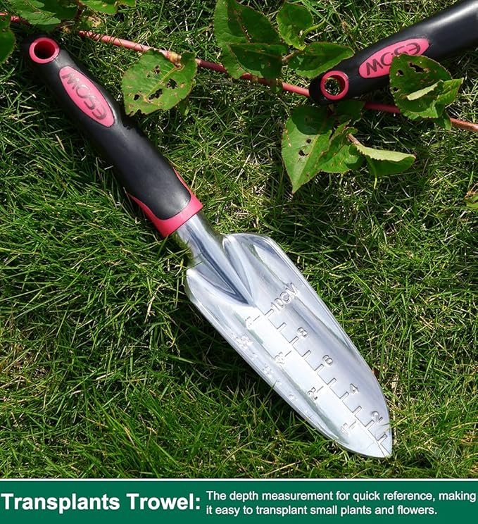 ESOW Garden Tool Set with Non-Slip Rubber Handle, 3 Piece Cast-Aluminum Heavy Duty Gardening Kit Includes Hand Trowel, Transplant Trowel and Cultivator Hand Rake, Red-PawvioPets