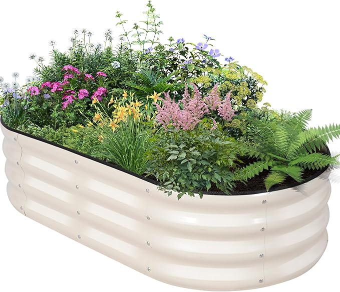 Galvanized Raised Garden Bed Outdoor - 4×2×1ft Planter Raised Beds for Gardening | Oval Metal Garden Planter Box with Safety Edging and Gloves for Vegetables Fruits and Flowers - White-PawvioPets