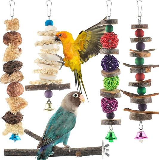 Bissap Bird Chew Toys, 5 Packs Parakeet Natural Wood Toys Parrot Hanging Cage Toy Bird Perch Stand for Small Bird Conure Cockatiel Parrotlet Lovebird Budgie-PawvioPets