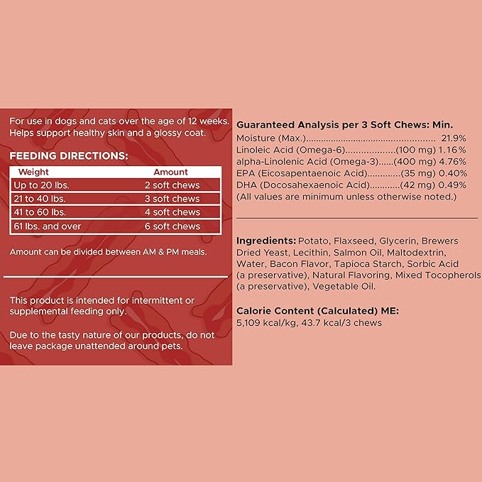 Best Itchy Skin Relief for Dogs -360 Soft Chew Omega Treats for Skin and Coat -Salmon Oil Blend of Fatty Acids, Omega 3, 6, Vitamins, Antioxidants -Made in USA (2 Packs of 180, Bacon Flavor)-PawvioPets