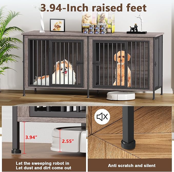 EasyCom 63" Dog Cage Furniture for 2 Pets with Divider, XL Wooden Double Dog Crate Furniture TV Stand for Mideum Breed, Durable and Sturdy-PawvioPets
