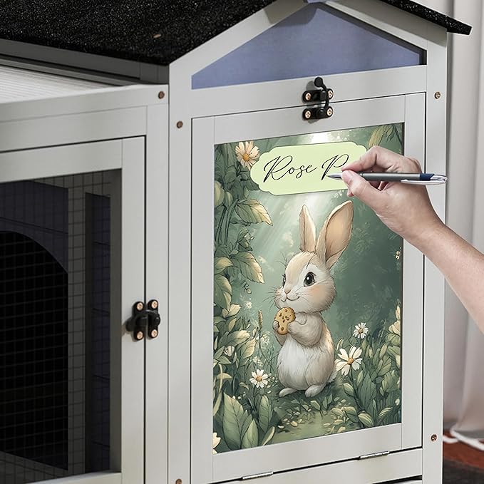 COZIWOW 39inches Assembled Wood Rabbit Hutch Indoor，Wide Space Small Animal Houses with Removable Tray&Safety Lock，Bunny Cage with Waterproof Roof&Solar Panels (Grey with Pattern)-PawvioPets