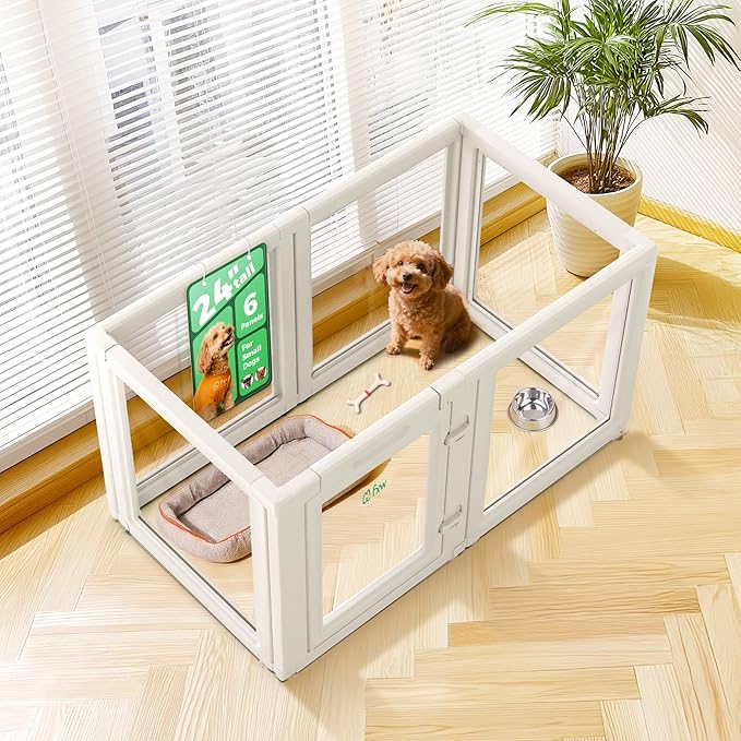 FXW AuraSpace Acrylic Indoor Unleashed Dog Playpen for Puppies and Small Dogs, 24 Inch, 6 Panels, White-PawvioPets