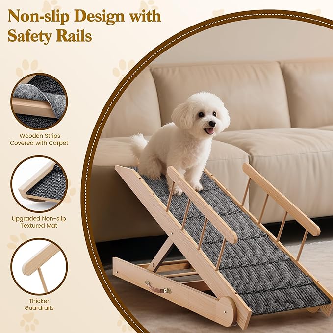 Dog Ramp for Bed, 47" Long Non-Slip Portable Pet Ramp for Small Large Dogs, Wooden Adjustable Dog Ramps for Bed, Couch, Car -Non Slip Carpet Surface and Foot Pads, Height from 12" to 24", Up to 200LBS-PawvioPets