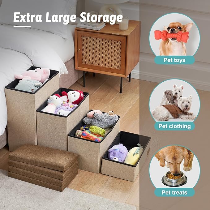 Dog Stairs with Storage, 4-Step Wider Sturdy Dog Steps for Small/Medium/Large Dogs and Older Cats, Folding Doggie Ramp for Bed/Couch/Car Hold Up to 180 lbs (22" H, Beige)-PawvioPets