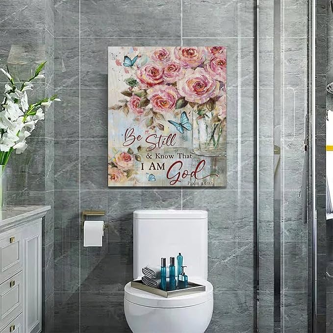 Farmhouse Rose Wall Art Christian Scripture Pictures Pink Rose Wall Decor Rustic Floral Butterfly Canvas Print Painting Artwork for Bathroom Living Room Bedroom 20"x24"-PawvioPets