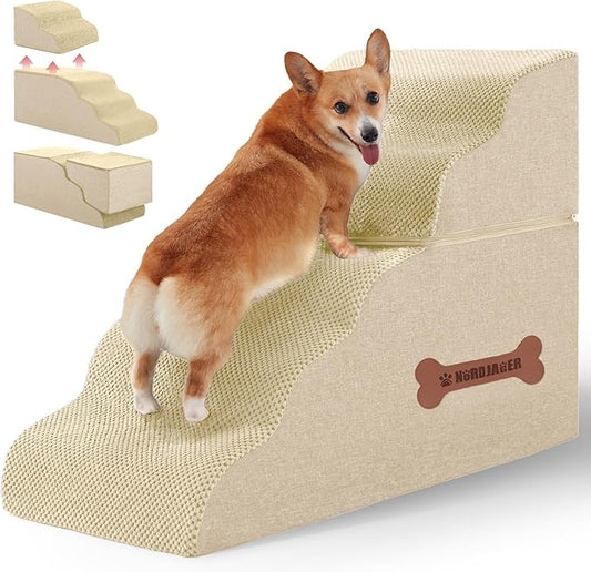 5-Step Spliceable Pet Stairs: Indoor& Outdoor Multi-Use with a Removable Cover and a Pocket, Best for Small Pets and Older Dogs Who Has Spine and Arthritis Issues to Get on High Beds, Beige（22.8" H）-PawvioPets