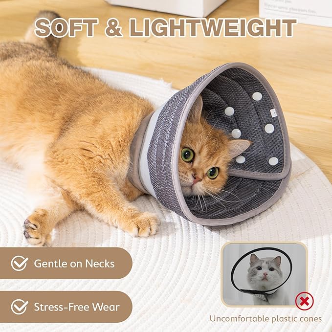 Avont Cat Cone Collar Soft to Stop Licking, Adjustable Foldable Lightweight Kitten Recovery Collar After Surgery for Small Dogs, Elizabeth Cone of Shame Alternative -Darkgrey(S)-PawvioPets