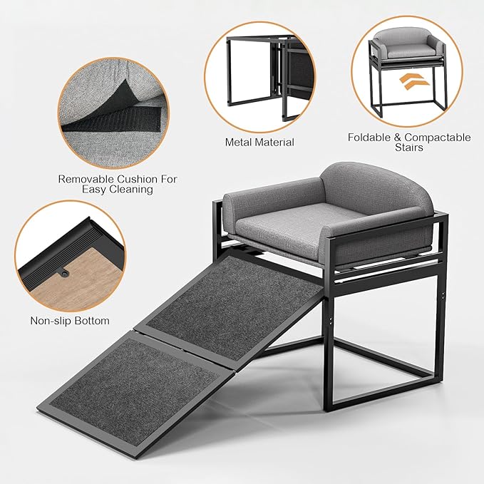 Dog Ramp Doggie Stairs with Seat Mate,Puppy Chair Get on High Bed Couch Office Window Perch,Non Slip Dachshunds Foldable Ladder,Pet Doggy Step for Small Old Dogs,Chihuahua Cat Platform Grey-PawvioPets