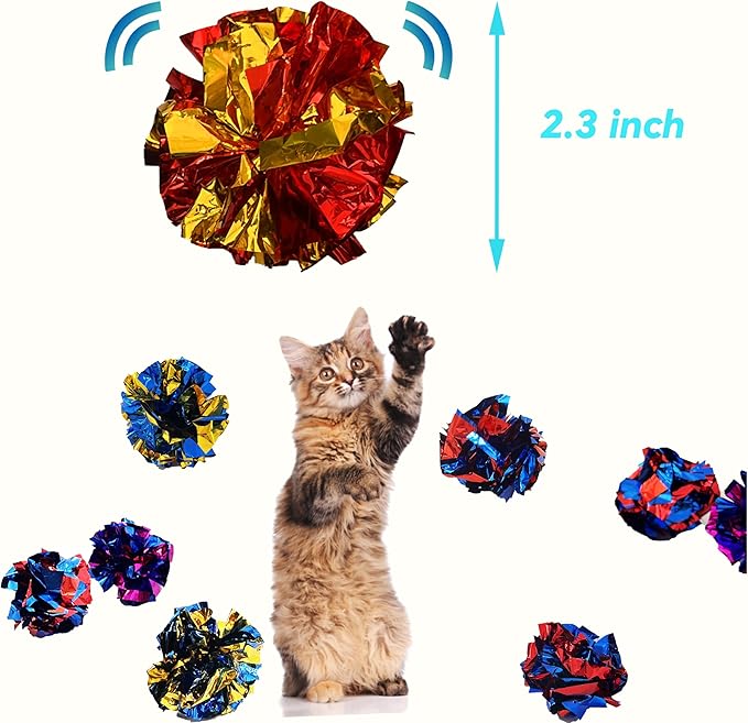 Cat Crinkle Ball Toys 10 Packs for Indoor Cats to Kill Time and Keep Fit, 2.3 Inch Colorful Mylar Crinkle Balls Attract Cats to Swat, Bite, Hunt, Interactive Toys for Cats and Kittens-PawvioPets