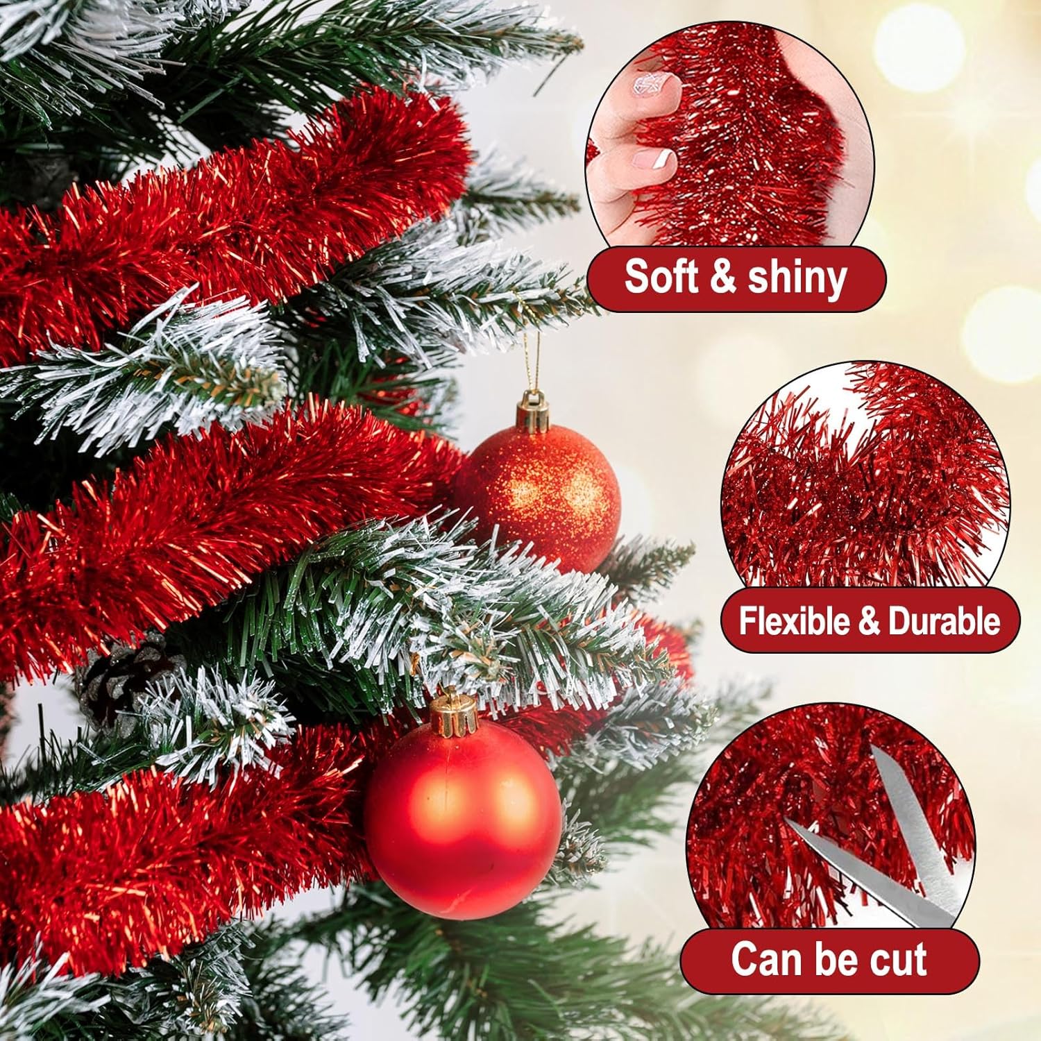 50 Feet Red Christmas Tinsel Garland, Metallic Foil Twist Garland Wall Hanging Tinsel Banner Backdrop for Parade Floats, Easter, Mother's Day, Wedding Party Decorations (2in x 50ft)