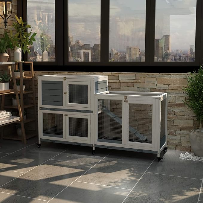 GDLF Two Floors 58" Wooden Indoor Bunny Hutch Rabbit Cage on Wheels Guinea Pig PET House for Small to Medium Animals Waterproof No Leak Tray-PawvioPets