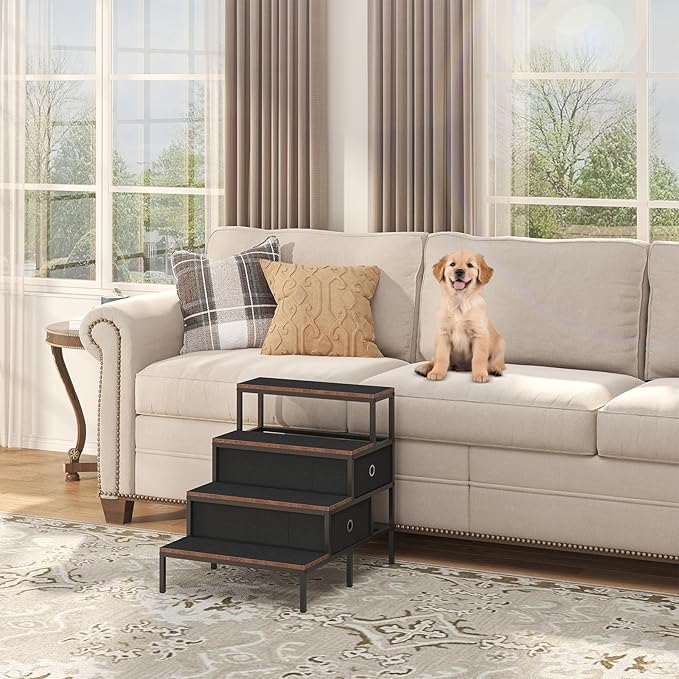 Dog Window Perch with 360° & Adjustable Raised Feeder, Pet Bunk Bed with Removable Stair and 2 Drawers, Elevated Platform Bed, Pet Elevated Seat with Cushion, Paw-Friendly Ladder-PawvioPets