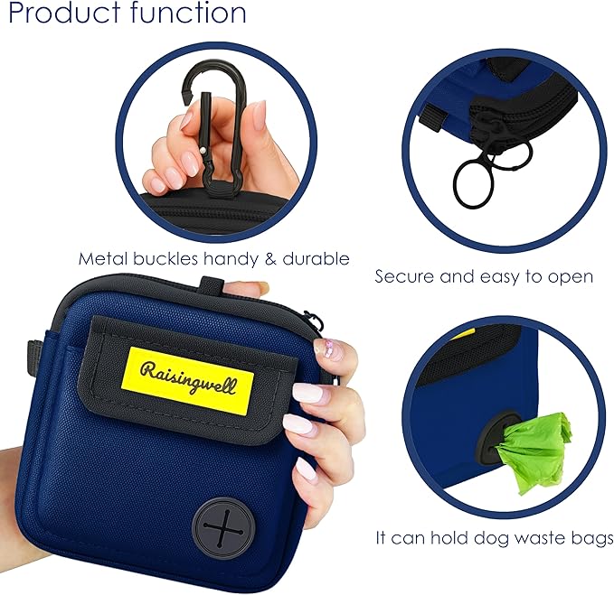 Dog Treat Pouch for Pet Walking and Training with Clicker, Poop Bags and Three Bags Design Small Fanny Zipper Pack Holder for Puppy Snack Dispenser Kit for Leash and Outdoor Use (Blue)-PawvioPets