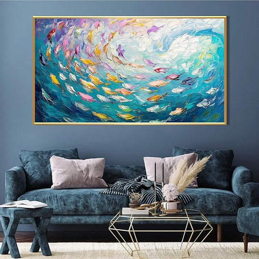 Fish Canvas Wall Art, Abstract School of Fish Canvas Wall Art, School of Fish Painting Canvas, School of Fish Wall Art, Fish Wall Decor, Fish Pictures Wall Decor, Bedroom Canvas Wall Decor (Gold Framed, 36"x20" | 92x52cm)-PawvioPets