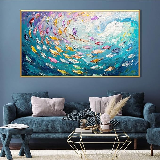 Fish Canvas Wall Art, Abstract School of Fish Canvas Wall Art, Ocean Picture Print, Sea Life Print Decor, Nautical Painting, Living Room, Bedroom, Bathroom Decor (Gold Framed, 23"x13" | 60x35cm)-PawvioPets