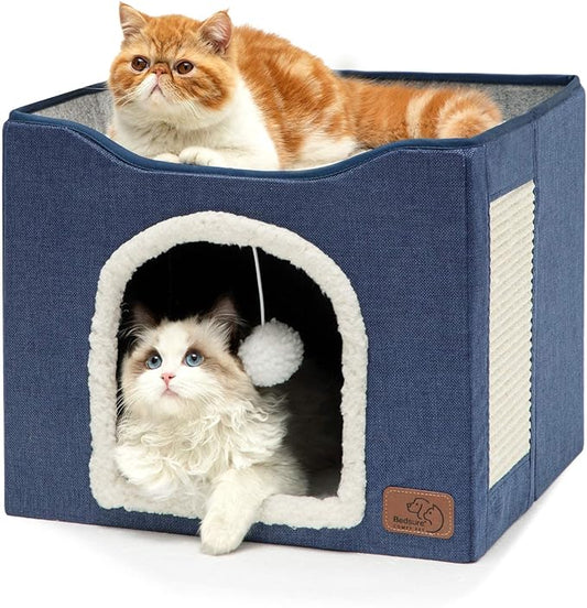 Bedsure Cat Beds for Indoor Cats - Large Cat Cave for Pet Cat House with Fluffy Ball Hanging and Scratch Pad, Foldable Cat Hideaway, 16.5x16.5x13 inches, Blue-PawvioPets