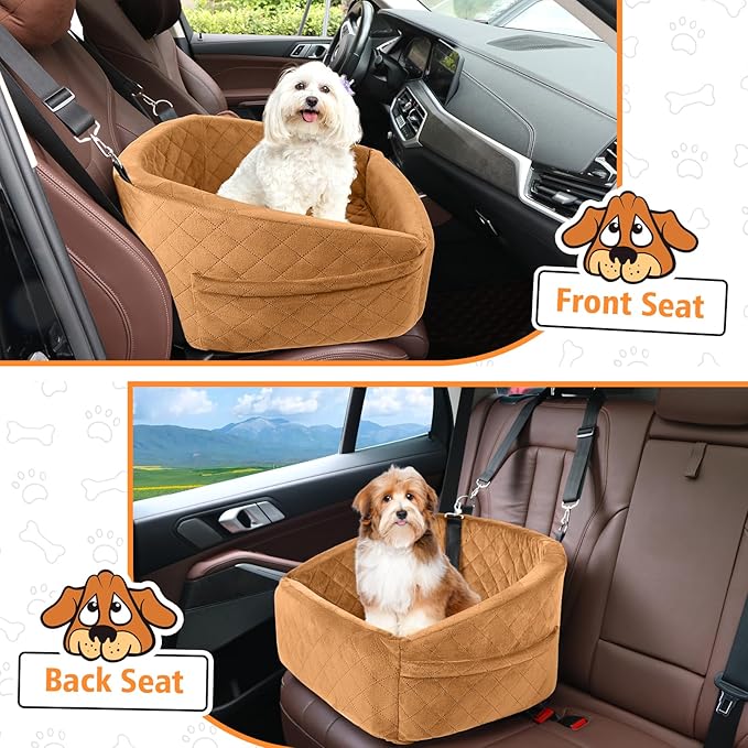 Dog Car Seat for Small Medium Dogs,Detachable Washable Dog Booster Seat Under 30lbs,Pet Car Seat Travel Bed with Storage Pockets and Dog Safety Belt（Brown-PawvioPets