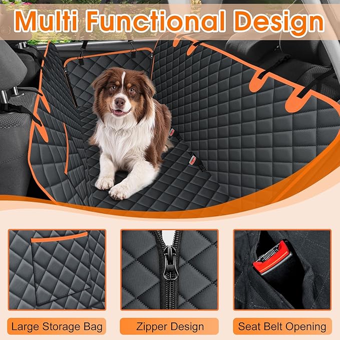 Dog Car Seat Cover, Durable Waterproof Scratch Proof Nonslip Dog Hammock, Back Seat Covers with Pocket for Cars SUVs and Trucks - S, Black/Orange-PawvioPets