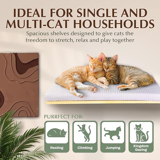 Extra Large 23.6”x12.6” CALLICO HAVEN- Stylish Cat Wall Shelves with Cushion, Modern Wall-Mounted Cat Tree Furniture, Window Cat Shelf & Perch, Sturdy/Hidden Mounts, Washable Cover - Flat Shape-PawvioPets