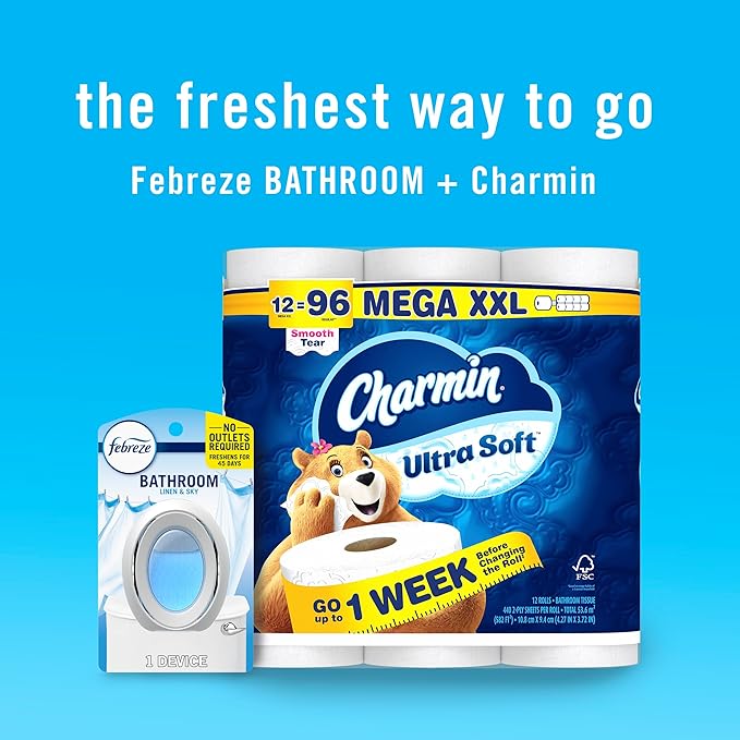 Febreze Bathroom Air Freshener, Odor-Fighting, Plug In Alternative, Air Fresheners for Home and Bathroom and Kitchen, Closet Air Fresheners, Linen & Sky Scent, 4 Count-PawvioPets