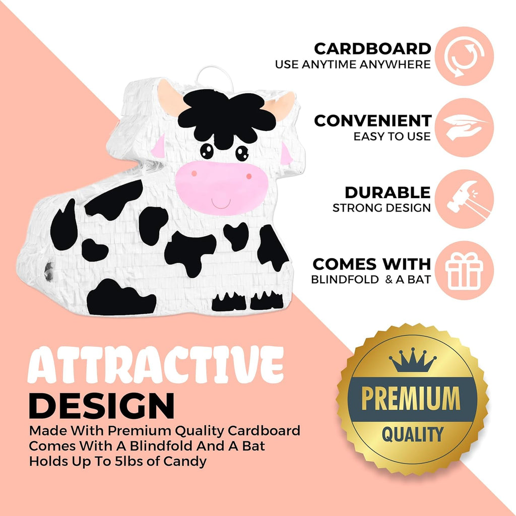 Milk Cow Pinatas Bundle with a Blindfold and a Bat (16 x 13 x 4 Inches), Perfect for kid's Birthday Parties, Mexican Theme Parties, Decorations