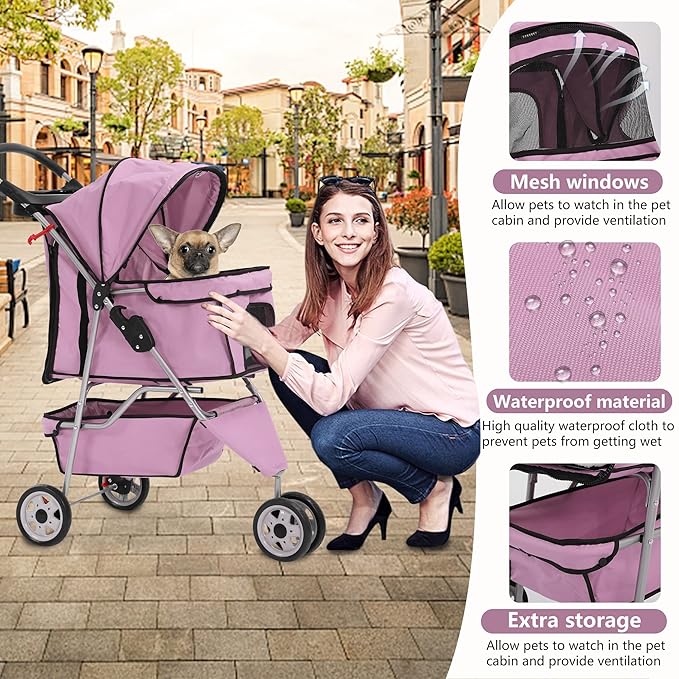 Dog Stroller,3 Wheels Travel Folding Pet Stroller for Small Medium Dog Cat Jogger Stroller with Storage Basket Removable Liner Pink-PawvioPets