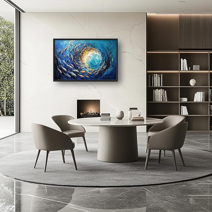 Extra Large Framed Abstract Ocean Fish Wall Art,Oversized Blue Sea Nautical Fish Wall Decor Pictures for Living Room,Canvas Print Painting Modern Artwork Bedroom Office Bathroom Home Decor 36L x24W-PawvioPets