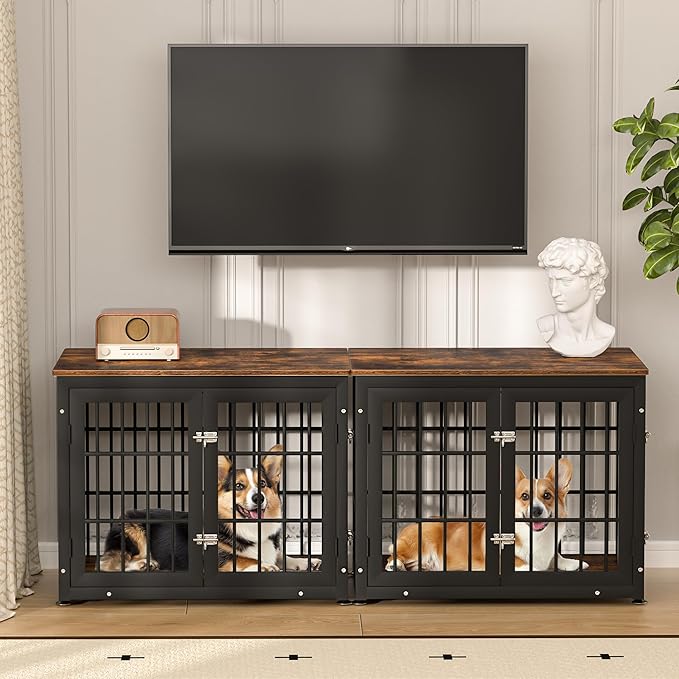 32 Inch Heavy Duty Dog Crate Furniture for Medium and Small Dogs, Decorative Pet House End Table, Wooden Cage Kennel Furniture Indoor, Rustic Brown-PawvioPets