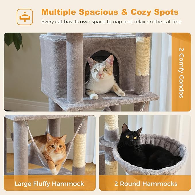 71.2" Tall Cat Tree for Indoor Cats - 9-Level Multi-Cat Tower w/5 Sisal Scratching Posts, 2 Condos, 3 Hammocks, Perch & Pom Poms - Heavy-Duty for Adult Cats, Space-Saving Plush Gray-PawvioPets