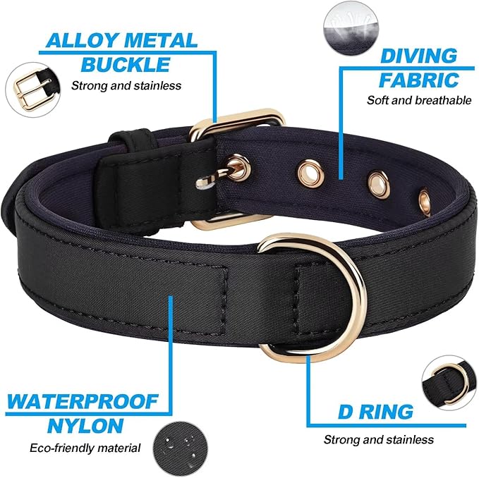 Didog Soft Padded Dog Collars for Small Dogs, Lightweight and Breathable Dog Collar with Metal Buckle, Black, M-PawvioPets