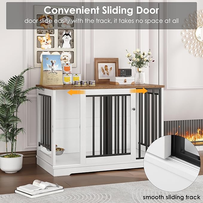 Dog Crate Furniture 47" Large Dog Kennel for Dogs Indoor, Heavy Duty Dog Cage with Sliding Door and 2 SUS Bowls Wooden End Table in Living Room for Small Medium Large Dogs, White-PawvioPets