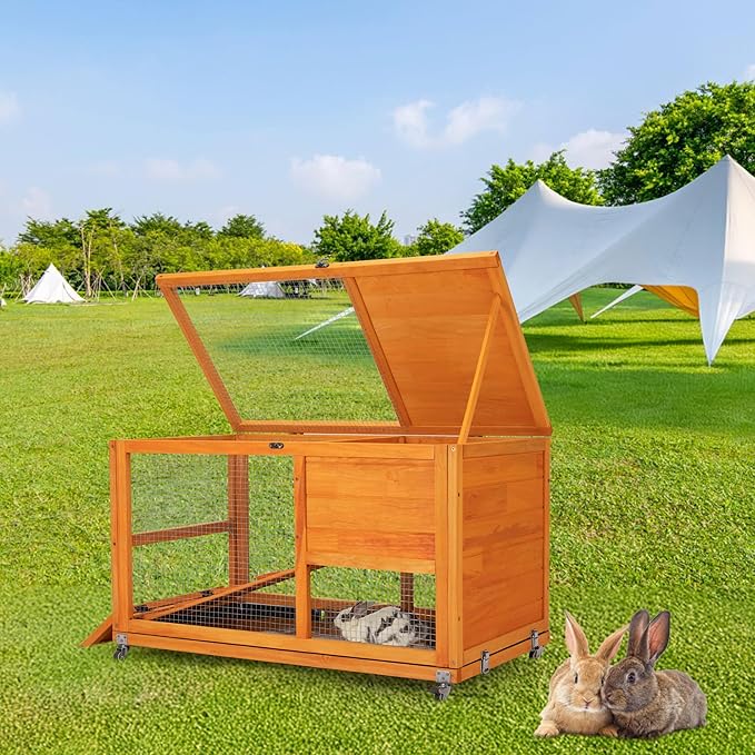 COZIWOW Fashionable Wood 36Inches Rabbit Hutch Indoor with Wheels Bunny Cage Outdoor Fashion Rabbit Cage with Clean Tray, Openable Roof, Anti-Slip Ramp for Small Bunny Rabbit (Orange)-PawvioPets