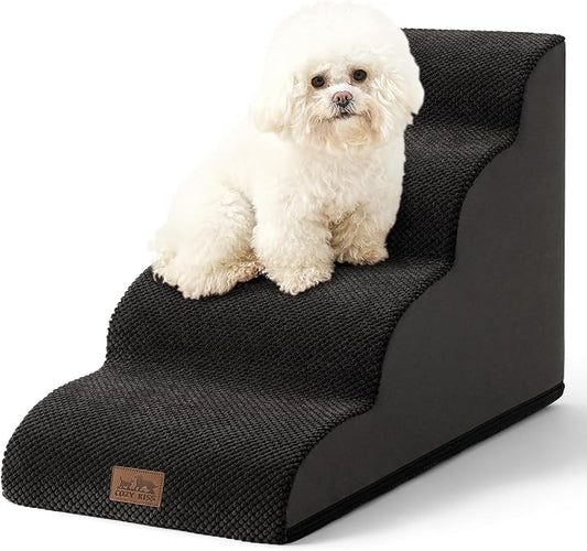 Dog Stairs for Small Dogs 19.7" H, Curved Dog Step for Puppy, Older or Cat, Medium Pet Ramp for Sofa, Couch or Bed, Ladder with High Density Foam, 15.7x28.3x19.7 inch, 4 Step, Black-PawvioPets