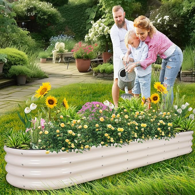 1MORE Galvanized Raised Garden Bed- Planter Garden Boxes Outdoor, Raised Beds for Gardening, 8x2x1ft Metal Garden Bed Kit for Vegetables Flower, Planter Raised Beds with Protective Tape & Tools.White-PawvioPets