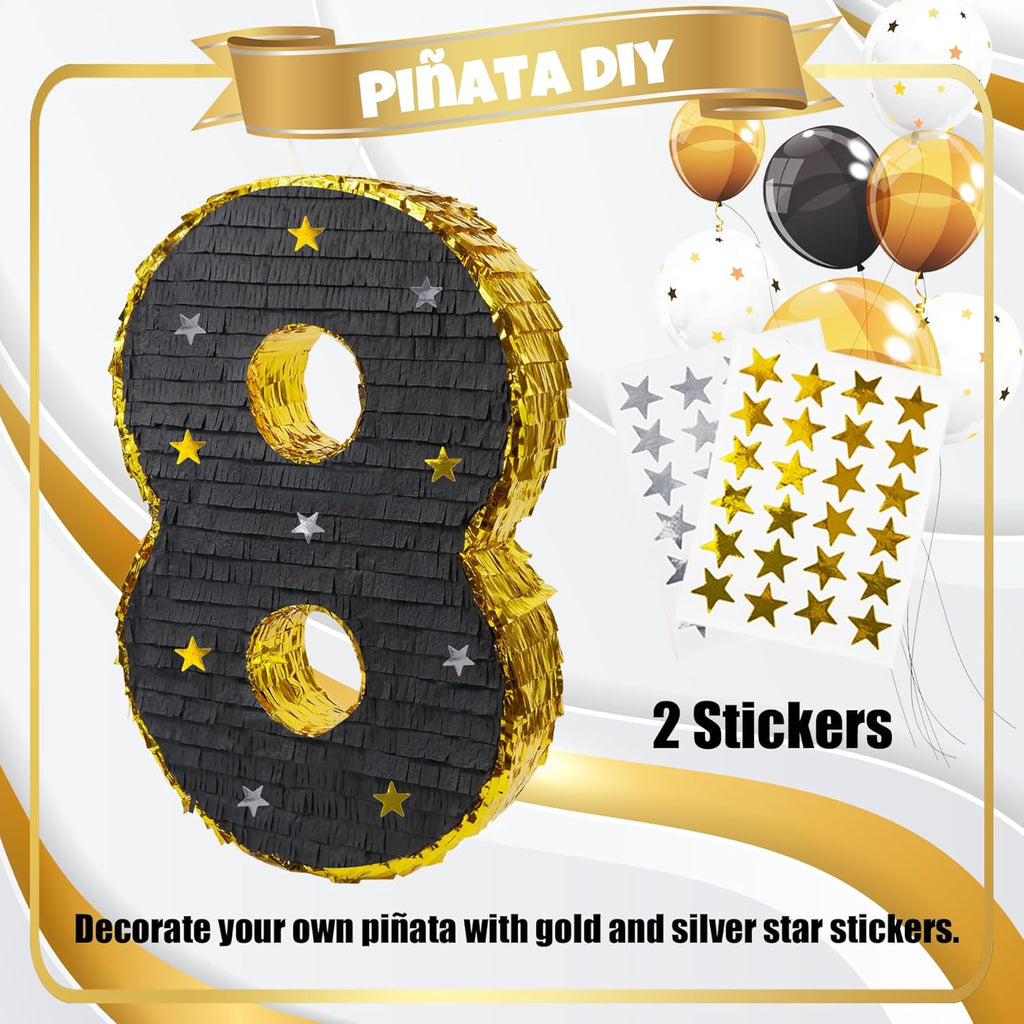 PCFING 20 Inch Number 8 Piñata Gold Black with 30 Inch Piñata Stick Blindfold Confetti for Man Women Boys Girls Birthday Party Decorations, Anniversary Celebration, Fiesta