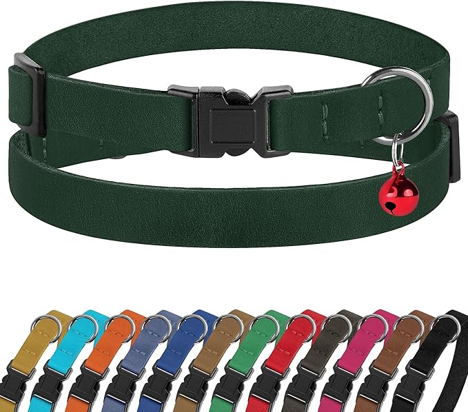Breakaway Cat Collar Leather with Removable Bell - 13 Colors Available - Soft Adjustable Girl Boy Safety Lightweight Pet Kitten Collars Pink Brown Blue Green Red Orange Black (Emerald)-PawvioPets