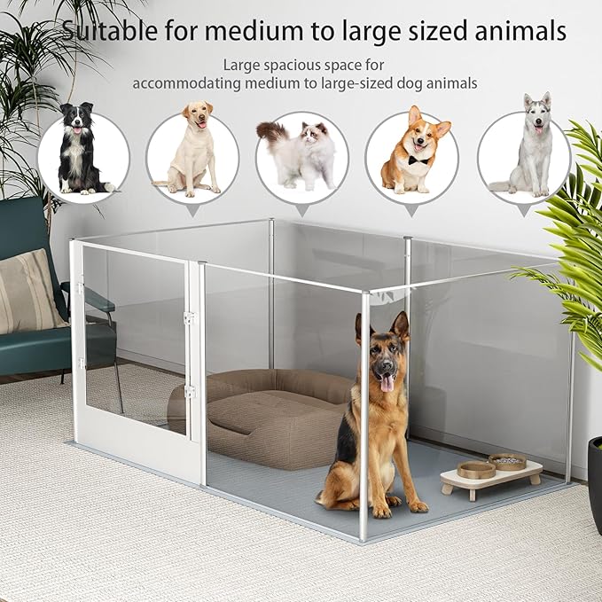 Dog Clear Playpen Fence Kennel: 32" Extra Tall Puppy Birthing Enclosure with Waterproof Fertility Pad - 64"x43" Pet Heavy Duty Play Pin Corral with Transparent View and Lockable Door for Dogs Bunny-PawvioPets