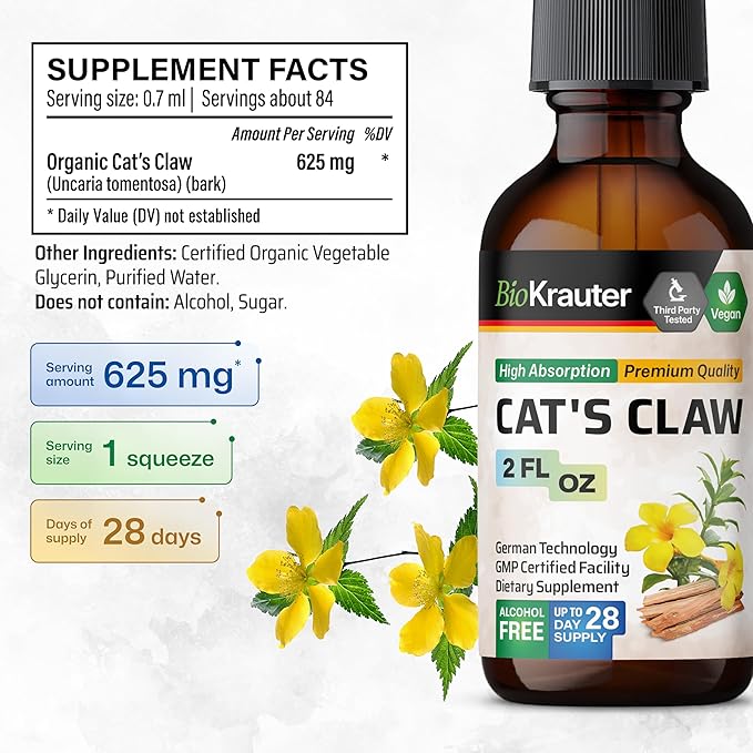 BIO KRAUTER Cats Claw Tincture - Vegan Cat's Claw Supplement - Immune Support - Alcohol & Sugar Free Extract - Vegan Drops 2 Fl.Oz.-PawvioPets
