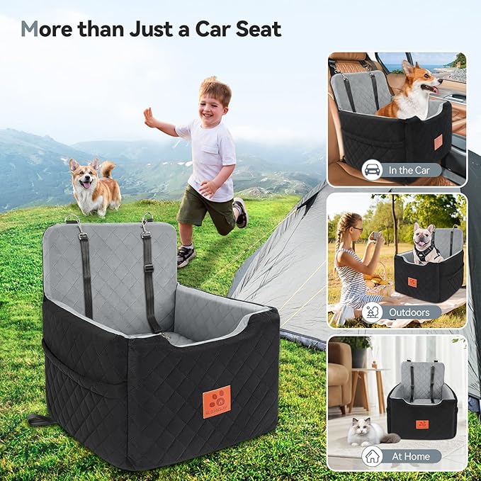 Dog Car Seat for Small/Medium Dogs Under 35lbs,Memory Foam Dog Booster Seats,Detachable and Washable Traval Pet Car Seat, Dogs Bed with 2 Safety Belts(Balck/Grey)-PawvioPets