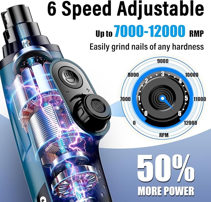 Casfuy Smart 6-Speed Dog Nail Grinder - 50% More Power Pet Nail Grinder with 2 LED Lights Quiet Rechargeable Electric Dog Nail Trimmers File Toenail Grinder for Large Medium Small Dogs & Cats (DB)-PawvioPets