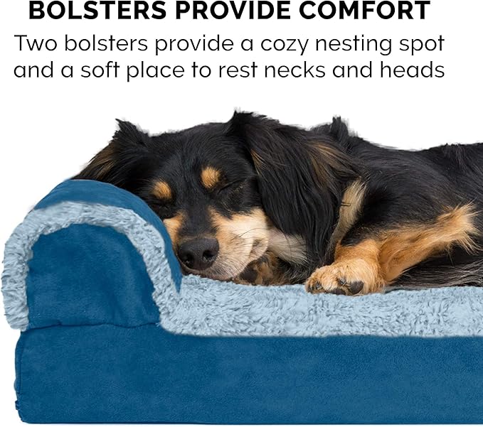 Furhaven Cooling Gel Dog Bed for Large Dogs w/ Removable Bolsters & Washable Cover, For Dogs Up to 95 lbs - Two-Tone Plush Faux Fur & Suede L Shaped Chaise - Marine Blue, Jumbo/XL-PawvioPets