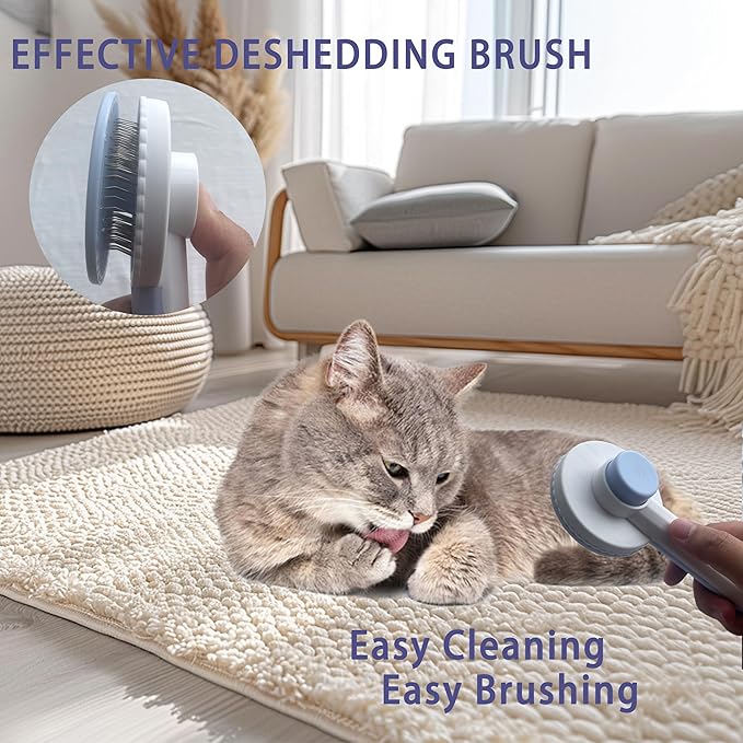 Cat Grooming Brush Kit 6 Tools - Deshedding & Dematting for Long/Short Hair, Self-Cleaning Slicker Brush with 6-in-1 Flea Comb for Cats & Kittens (Blue)-PawvioPets