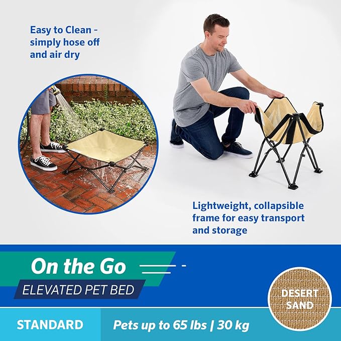 Coolaroo On-The-Go Elevated Dog Bed - Foldable Pop-Up Travel Dog Bed with Breathable, Moisture-Resistant Fabric, Carry Bag Included, Lightweight & Portable, Desert Sand, Standard-PawvioPets