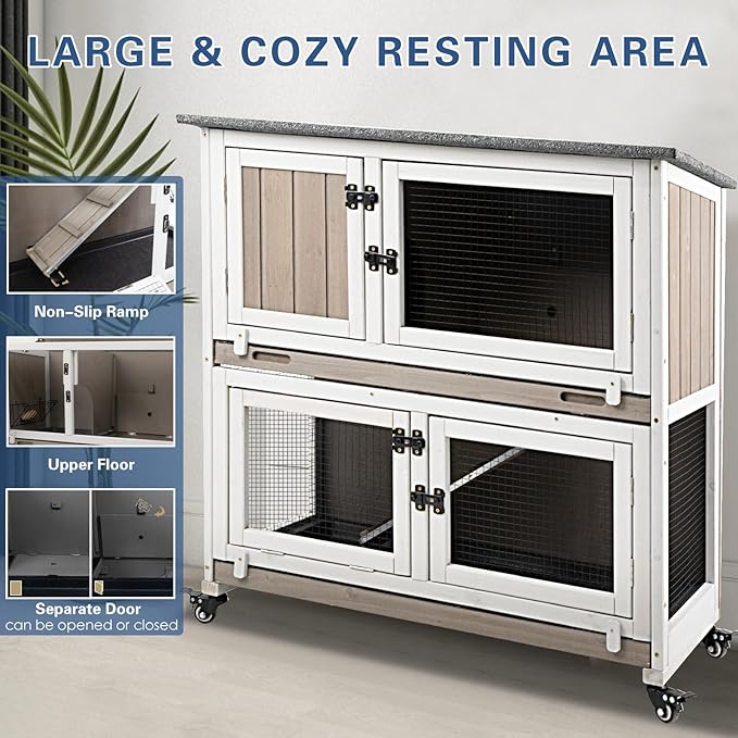 36" L Guinea Pig Cages Wooden, 2 Story Rabbit Cage Indoor Guinea Pig Habitat on 4 Metal Wheels and 2 Deeper Pull-Out Trays, Ramp, Leak Proof Guinea Pig Cages Indoor Small Animal Cage, Grey-PawvioPets